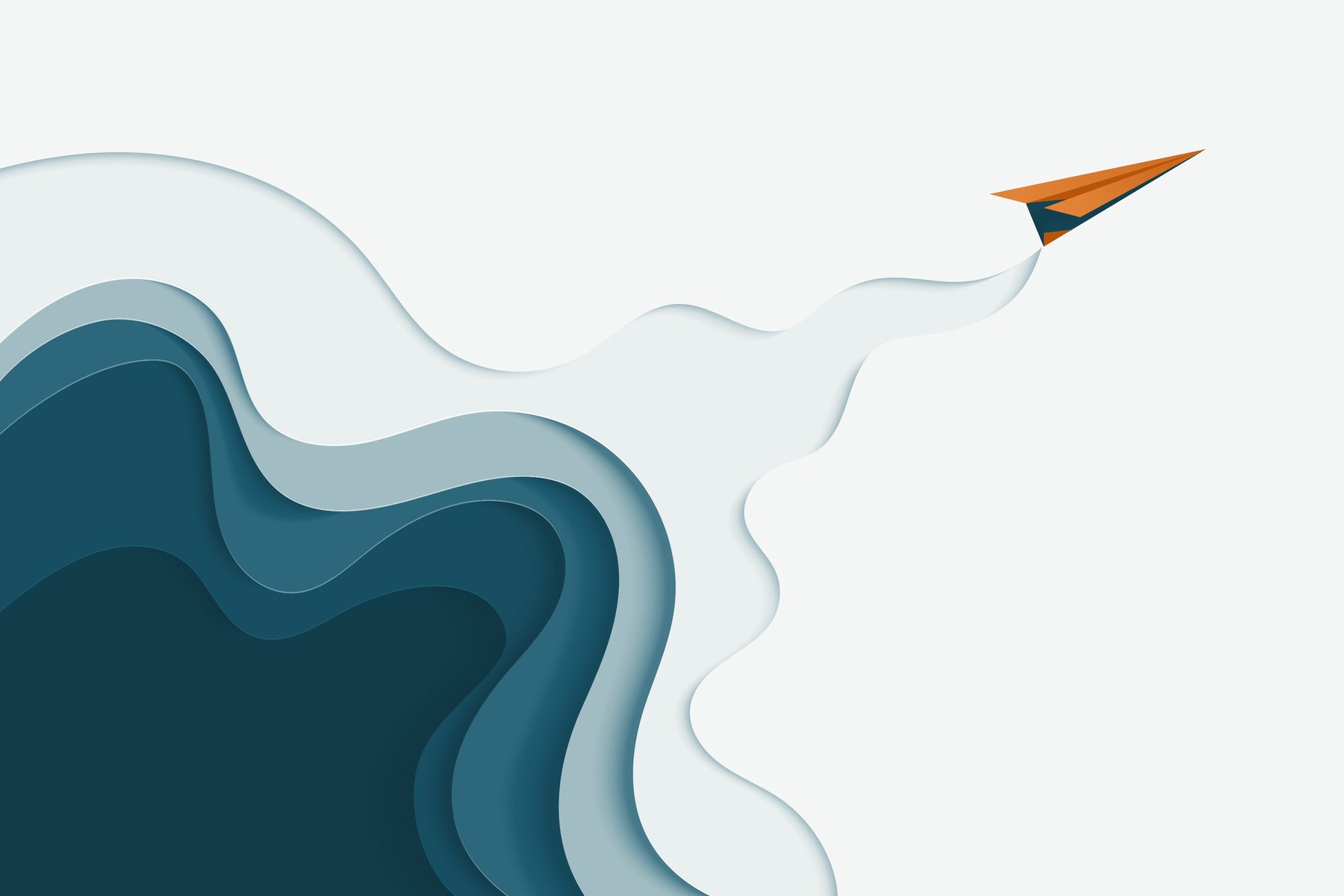 An orange paper airplane lifting off from layered teal paper waves