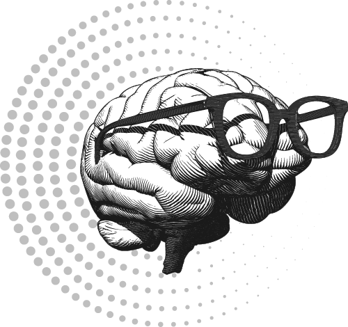 Neuroscience of Persuasion service mark: an engraved brain wearing glasses, inside a ring of dots